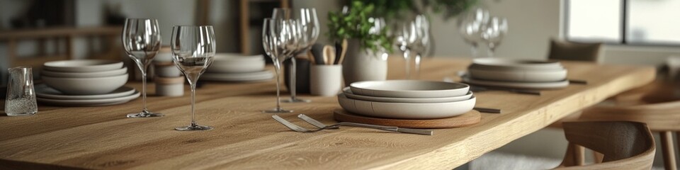 A wooden table with plates and glasses, perfect for a dinner party or everyday use
