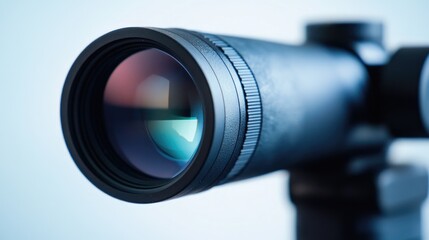 A close-up view of a camera lens mounted on a tripod, ideal for photography and videography projects