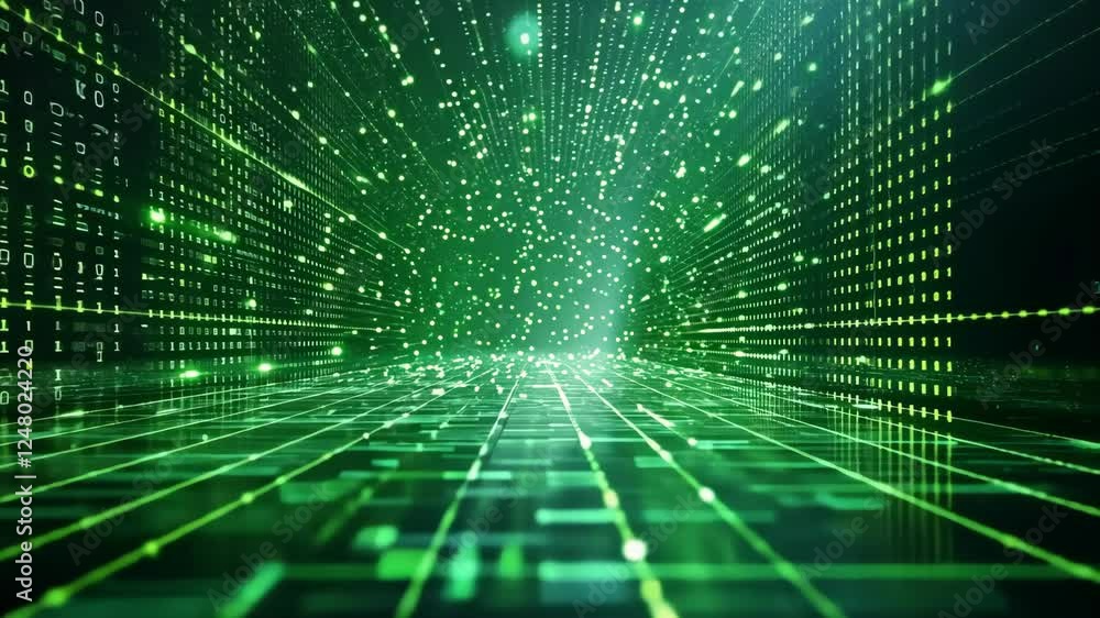 Poster abstract digital data stream with glowing green particles and lines
