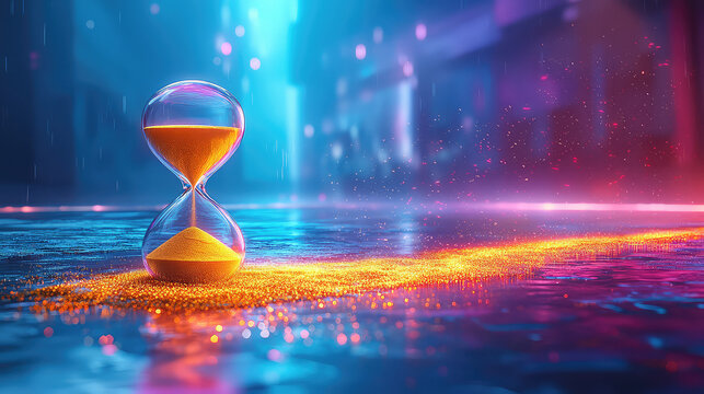 Hourglass on neon-lit wet ground at night, sand flowing, creating a trail of light.