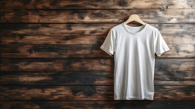 White t-shirt draped over a wooden wall, natural texture and soft lighting, perfect for showcasing casual, laid-back fashion