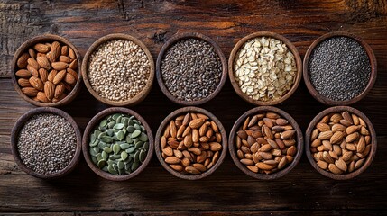 Fototapeta premium Healthy seeds and nuts on rustic wood, top view