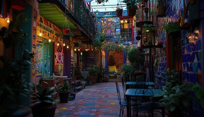 Fototapeta premium Colorful courtyard with greenery and overhead lighting exudes charm