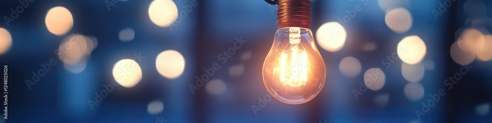 Aufkleber Close-up view of a single light bulb hanging from a string, ideal for use in illustrations about lighting, electrical systems or general technology