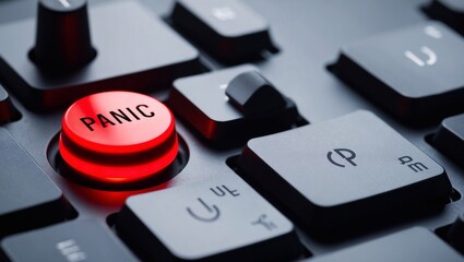 Close-up of a glowing red "Panic Button" on a keyboard, representing urgency, emergency, or critical situations.