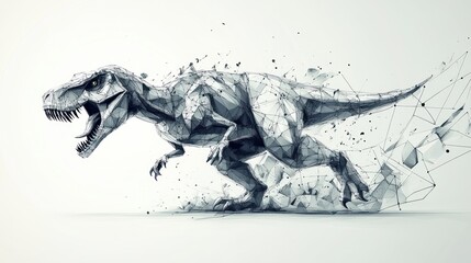 Low-poly T-Rex dinosaur running, abstract polygonal art.