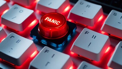 Close-up of a glowing red "Panic Button" on a keyboard, representing urgency, emergency, or critical situations.