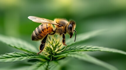 Bee pollinating hemp plant, farm field background, nature