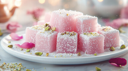 Soft pink turkish delight with pistachios and powdered sugar on elegant plate