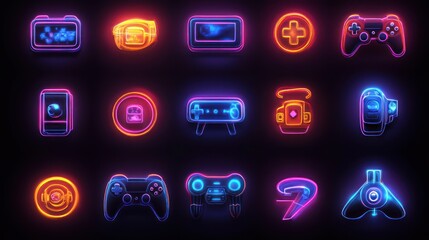 Neon glowing icons of gaming devices and controllers.