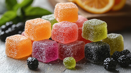 Colorful sugared fruit jellies in cubes, stacked on a wooden surface with fresh berries and citrus slices.