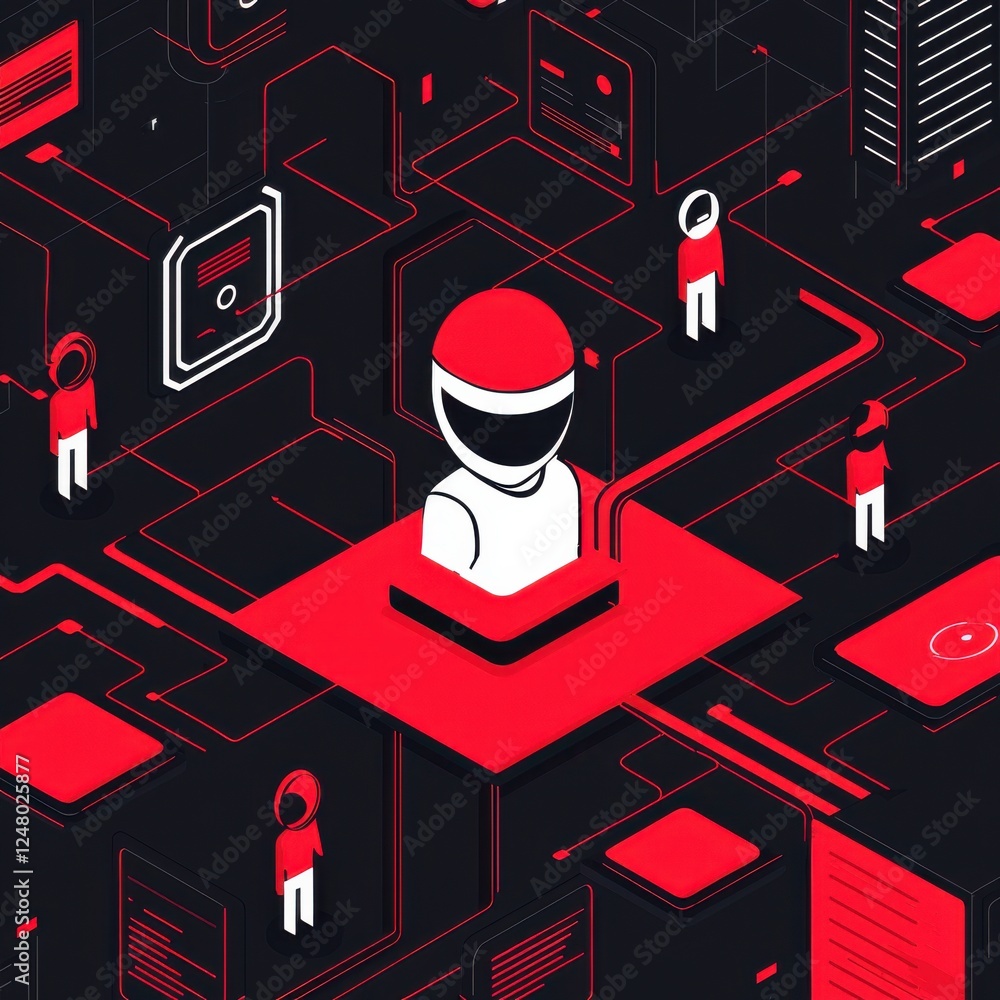 Poster abstract representation of digital connections with figures surrounded by geometric shapes and lines