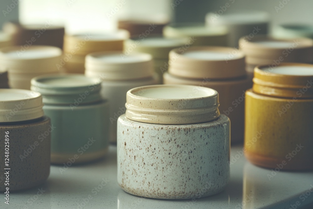 Poster assorted jars of various colors and sizes arranged on a table