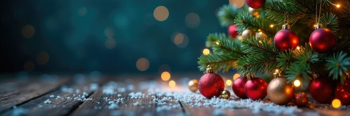 Decorative Christmas tree with colorful ornaments and snowflakes falling on the floor, decorations, garland, festive background