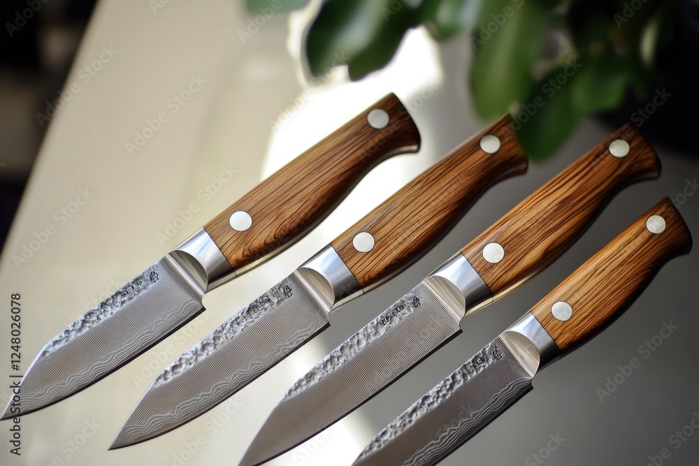 Poster A set of three knives resting on a table, ready for use