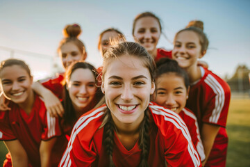 Happy confident young female football soccer player together with her teammates outdoor on the field, concept of teenager soccer training, teamwork, female player, sports