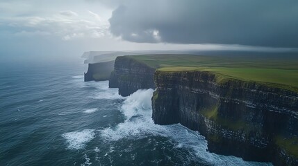 Misty coastal cliffs overlooking turbulent sea, dramatic landscape with lush greenery, perfect for nature lovers and adventure seekers.