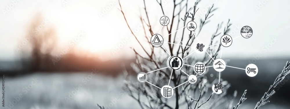 Aufkleber conceptual image of connecting nature with technology through digital symbols and icons in a serene 