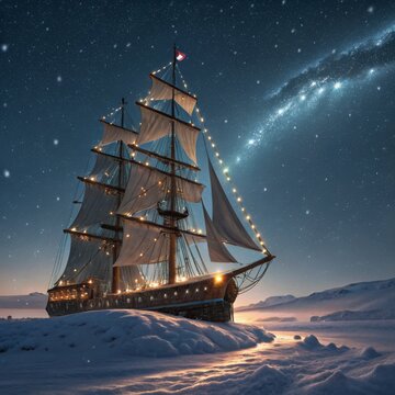Arctic Lightship Winter Seascape, Sailboat Composition, Milky Way Galaxy, Night Scene Keywords Sail, Polar