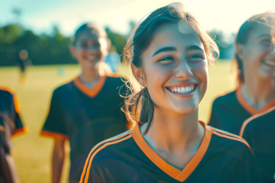 Happy confident young female football soccer player together with her teammates outdoor on the field, concept of teenager soccer training, teamwork, female player, sports