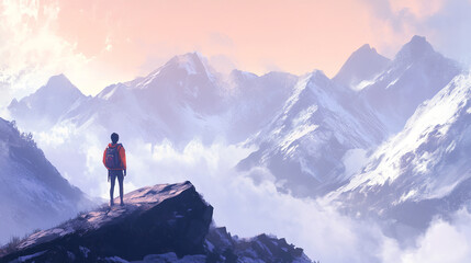 Fototapeta premium Traveler at mountain landscape with peaks covered with fog. Travel or wanderer extreme journey, adventure. Tourist with backpack look into the distance on high rock tops, Cartoon vector illustration