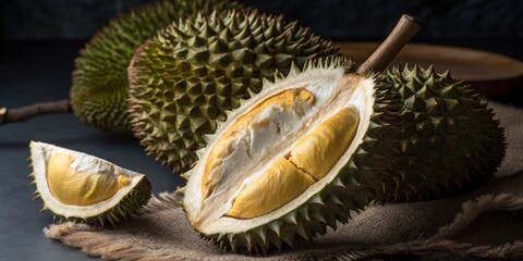 Fototapeta premium Durian Still Life Close-up Composition of Opened and Whole Fruits, Tropical Food Photography, King of Fruits Durian, tropical fruit