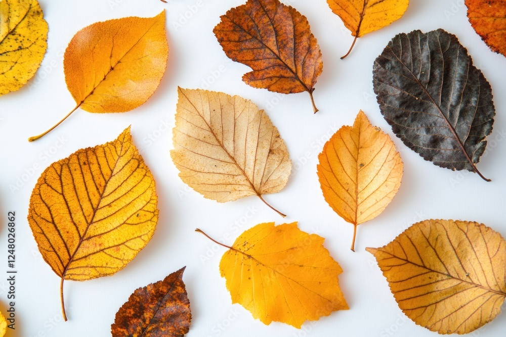 Poster a collection of colorful leaves arranged on a white background