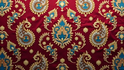 Fototapeta premium Deep Maroon and Peacock Blue Brocade Pattern with Gold Accents