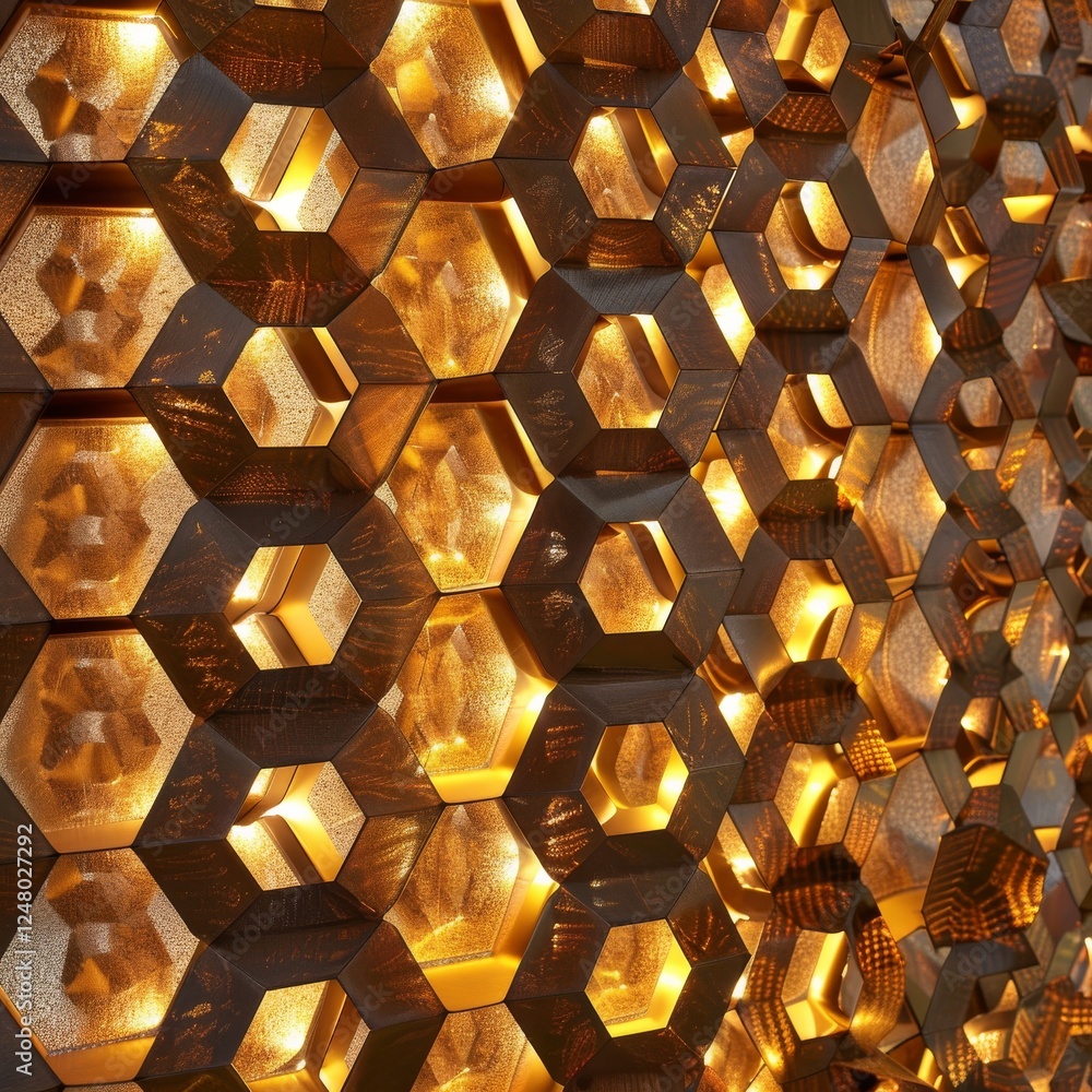 Poster glowing honeycomb patterns close-up - natural geometry with illuminated hexagons and delicate struct