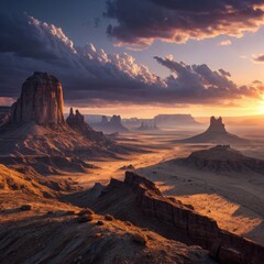 Fototapeta premium Monument Valley Sunset Dramatic Landscape Photography, Wide Composition, Golden Hour Light, Desert Scenery, Rock Formations Monument Valley, Landscape Photography