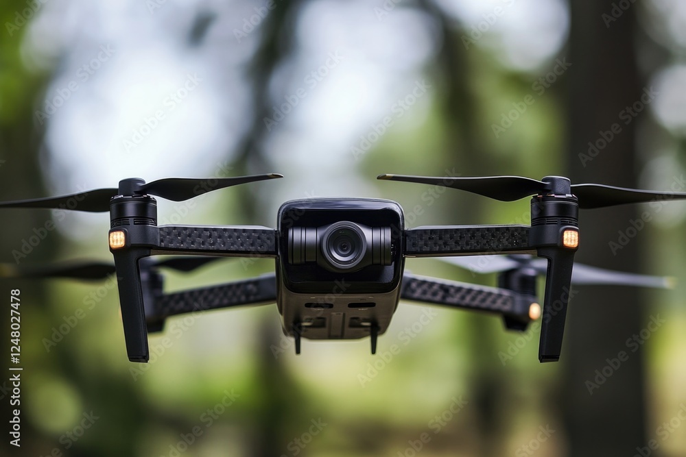 Poster Aerial view of a small black drone soaring above dense tree tops, great for use as a symbol or to add motion to your scene