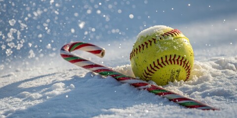 Snowy Softball and Candy Cane Christmas Composition Winter Sports Holiday Image, Soft Focus, Shallow Depth of Field Softball, Christmas