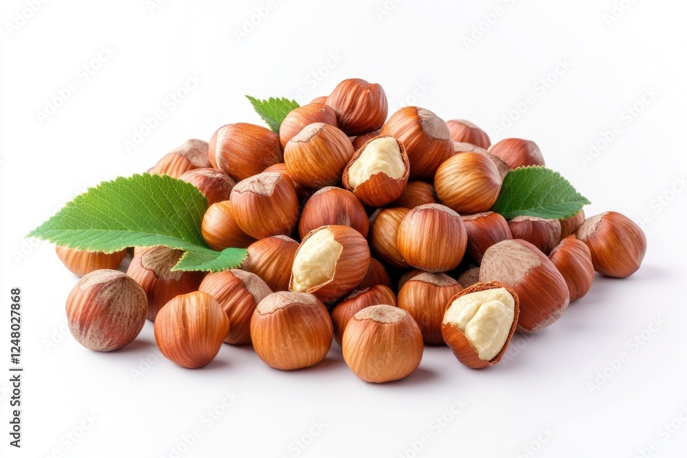 Poster a pile of hazel nuts with a leaf on top