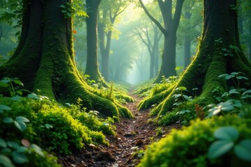 A vast, moss-covered forest floor with overgrown vegetation, plants, natural textures