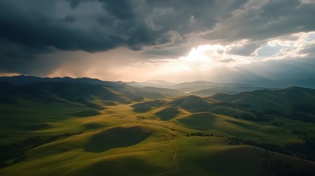 Dramatic landscape with rolling hills, dark stormy clouds looming, sunlight breaking through, ideal for nature-themed projects.