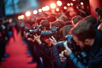 Group of people taking photos on the red carpet, suitable for event or celebrity coverage