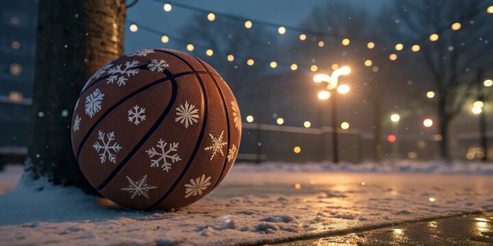 Winter Wonderland Basketball Snowflakes on a Brown Ball, Night Scene, Festive Lights, Christmas. Basketball, Winter - Powered by Adobe