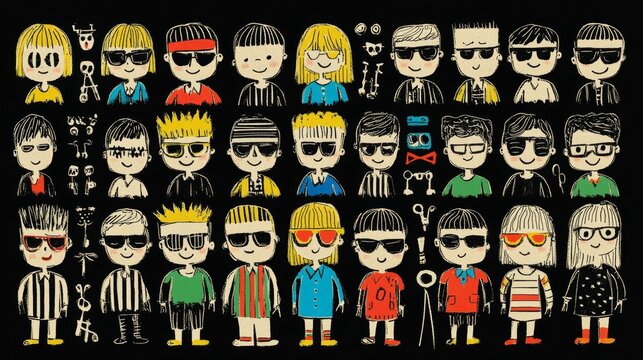 Pixel Art Retro Crowd Diverse Characters Stylish Sunglasses 80s Aesthetic