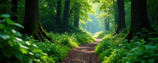 Obraz premium A solitary forest path winds through dense foliage, woodland, pathway, trail