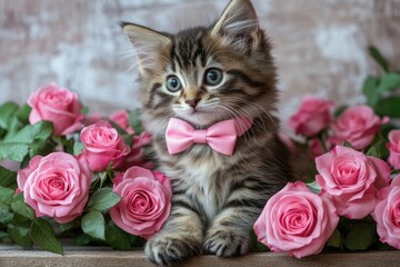 A playful kitten is surrounded by pink roses, wearing a tiny pink bow tie