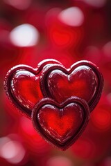 Obraz premium A set of three red heart-shaped lollipops attached to a wooden stick