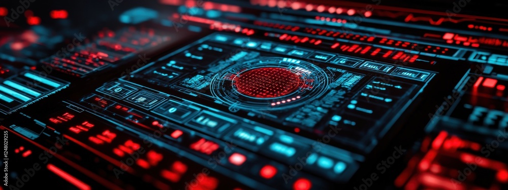 Poster futuristic digital interface with glowing elements showcasing intricate designs in neon colors and t