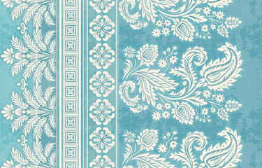 floral pattern vintage ethnic modern embroidery texture boho design vector illustration hand drawn pink flower motif branches leaves wallpaper seamless background border.   © Thitichot