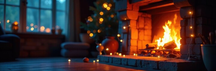 Twinkling fairy lights dance across fireplace, crackling fire, magical atmosphere