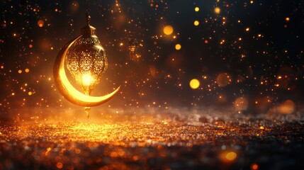 Glowing crescent moon lantern on sparkling background.
