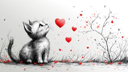 Cute kitten gazing at floating hearts.
