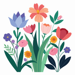 Colorful tulip bouquet with green leaves, a beautiful spring flower illustration