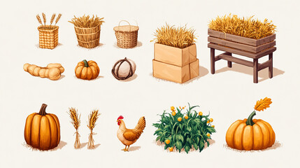 Chickens, straw, bags with harvest and fork isolated on white background. Vector cartoon set of farm icons with hay stacks, wooden boxes, trough and bench, hen and pumpkin