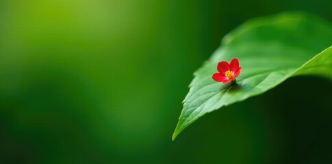 Tiny red petals peeking from under the green leaf, , small flower