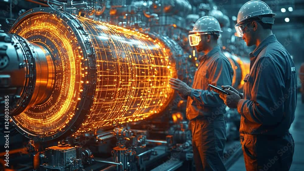 Poster engineering and technology: skilled engineers and technicians examine a large turbine.